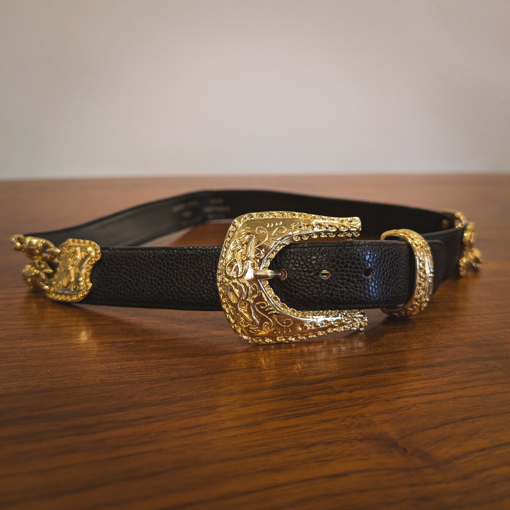 🇫🇷 Fabulous Vintage Laurent Effel Paris Black & Gold Luxury Leather Belt - S/M